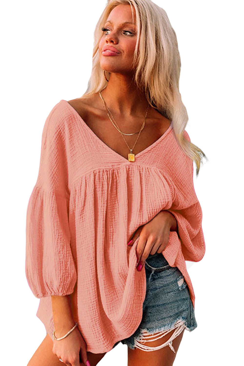 Blusa básica de algodón de gasa blanca con cuello en V para mujer