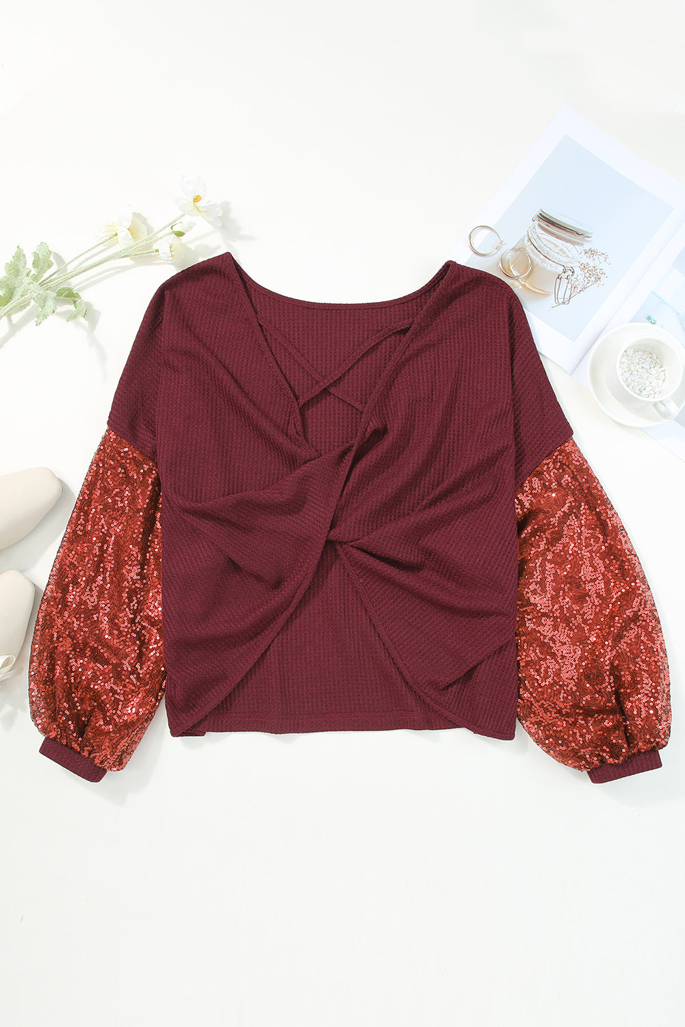 Black Cross Backless Sequin Bishop Sleeve Top | S - 2XL | 3 COLORS