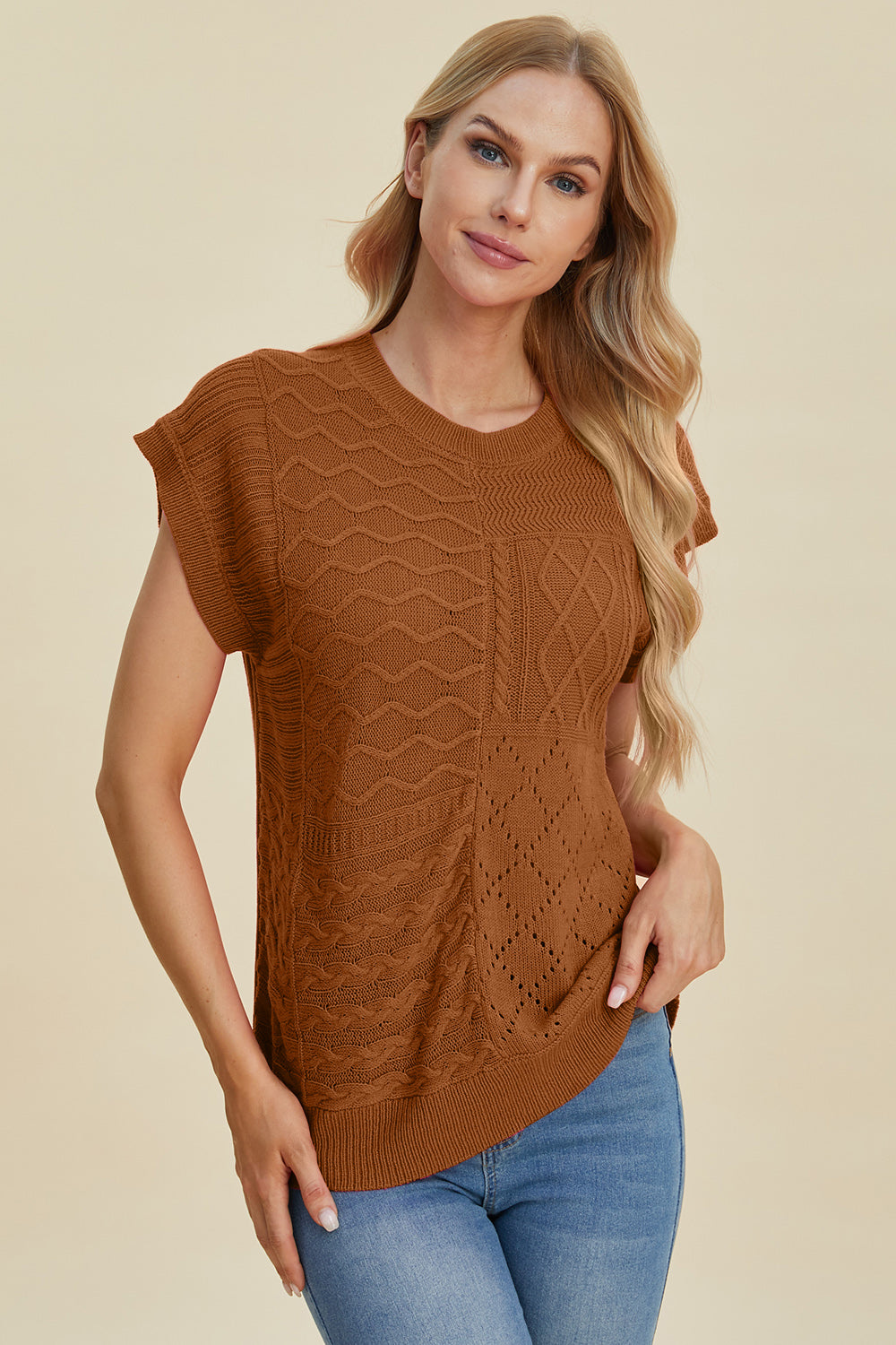 Suéter de cuello redondo y manga corta de punto trenzado de Double Take | Tallas grandes | S - XL | 2XL - 3XL | 5 COLORES