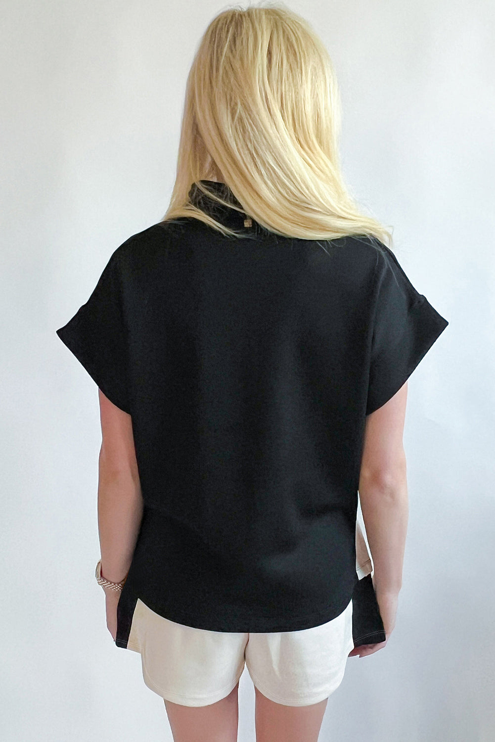 Black Colorblock Zipper Collar T Shirt and Shorts Set