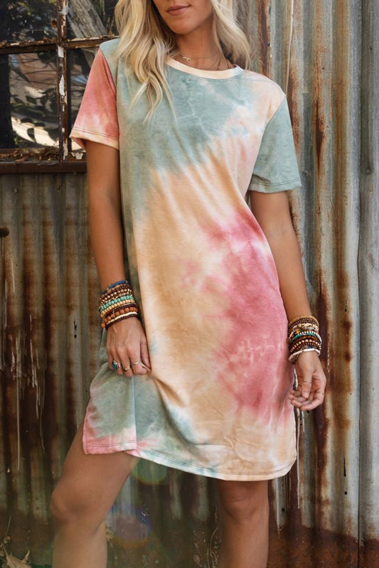 Multicolor Tie Dye Casual Short Sleeve T Shirt Dress