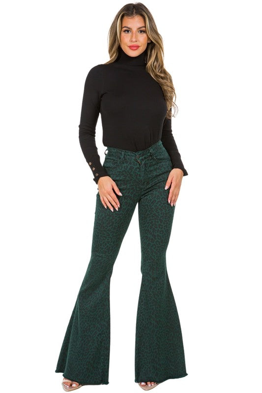 Leopard Bell Bottom Jean in Pine Green - 34 Inseam