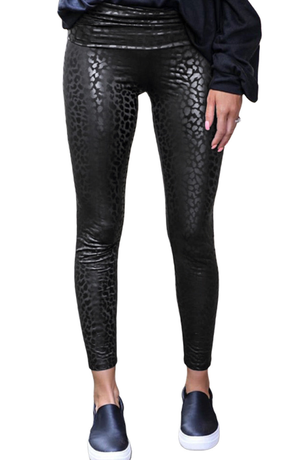 Leggings casuales con textura de leopardo negro brillante