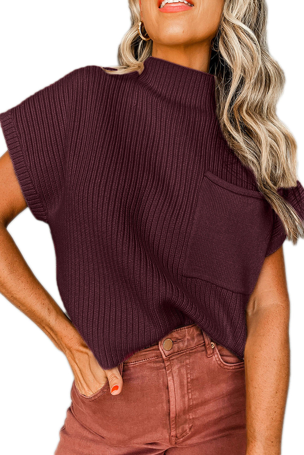 Gold Flame Patch Pocket Ribbed Knit Short Sleeve Sweater