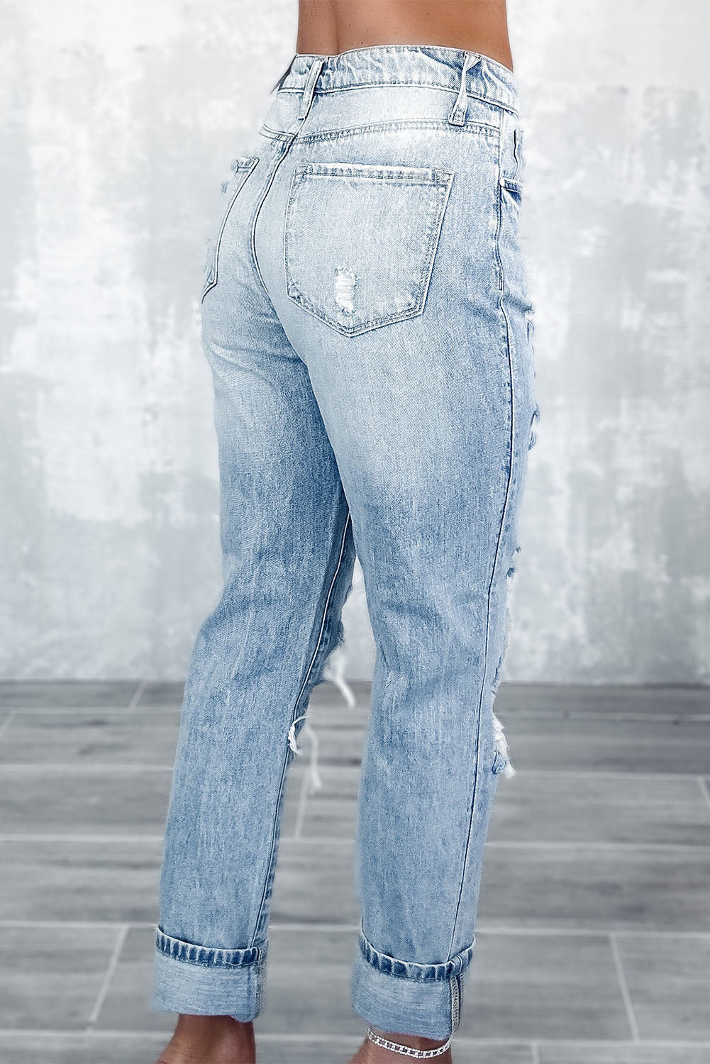 Sky Blue Light Wash Frayed Slim Fit High Waist Jeans