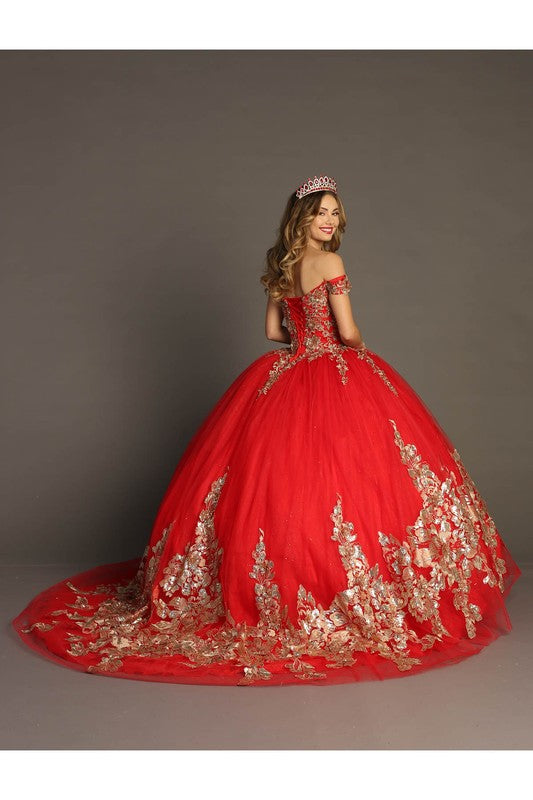 Off the shoulder Gold Applique Detailed Dress