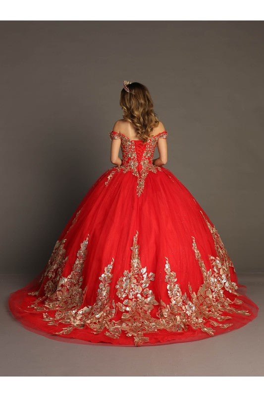 Off the shoulder Gold Applique Detailed Dress