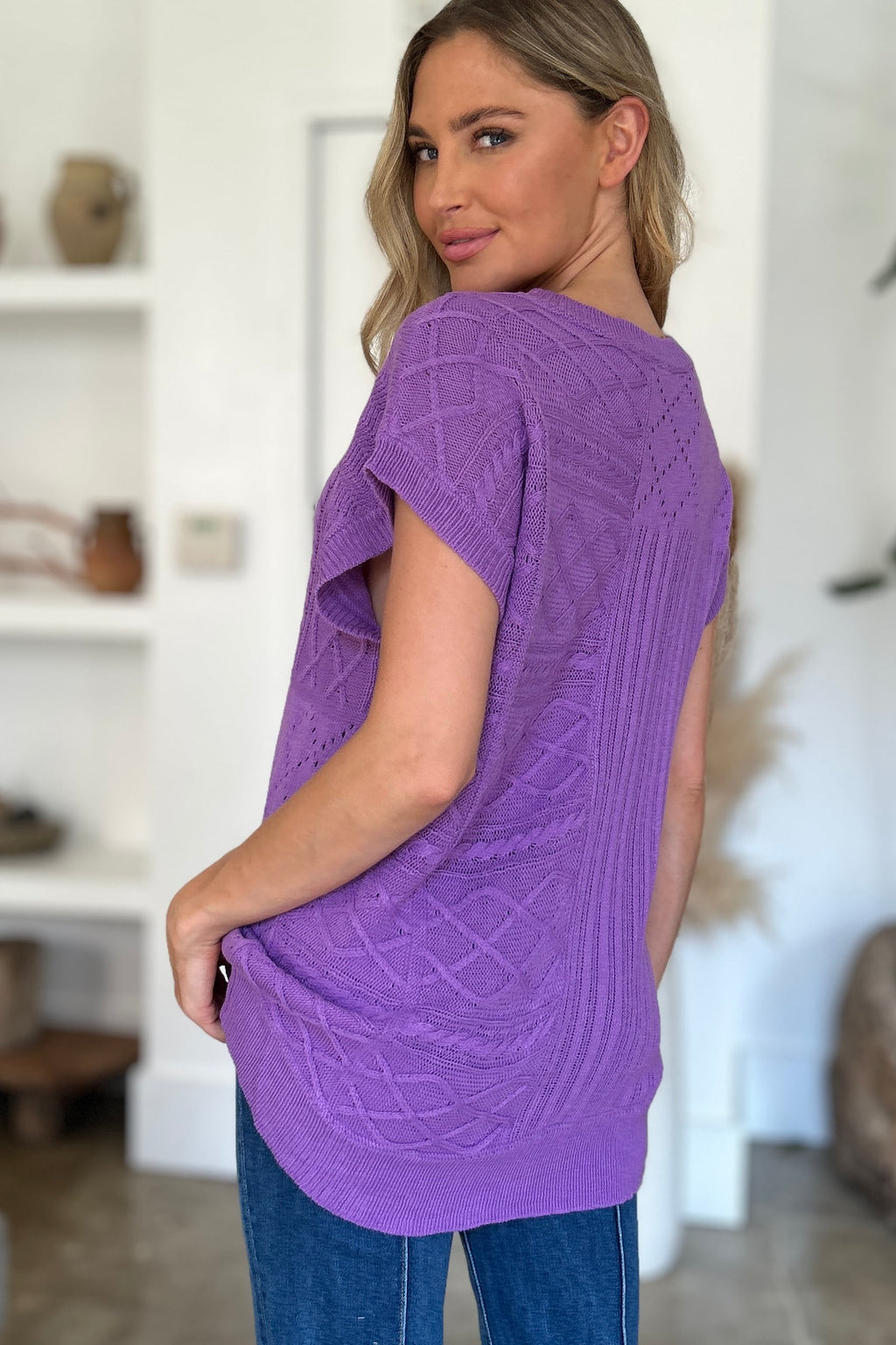 Suéter de cuello redondo y manga corta de punto trenzado de Double Take | Tallas grandes | S - XL | 2XL - 3XL | 5 COLORES