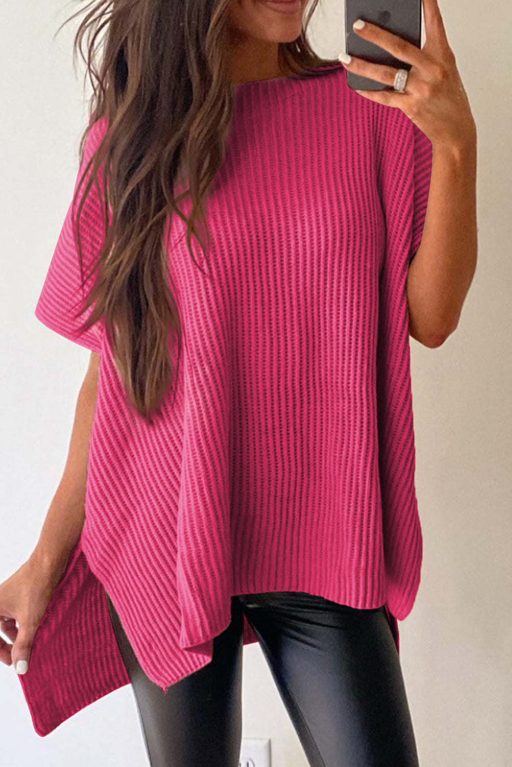 Top de punto de gran tamaño con mangas cortas estilo dolman y abertura lateral en color gris | S - XL | 3 COLORES