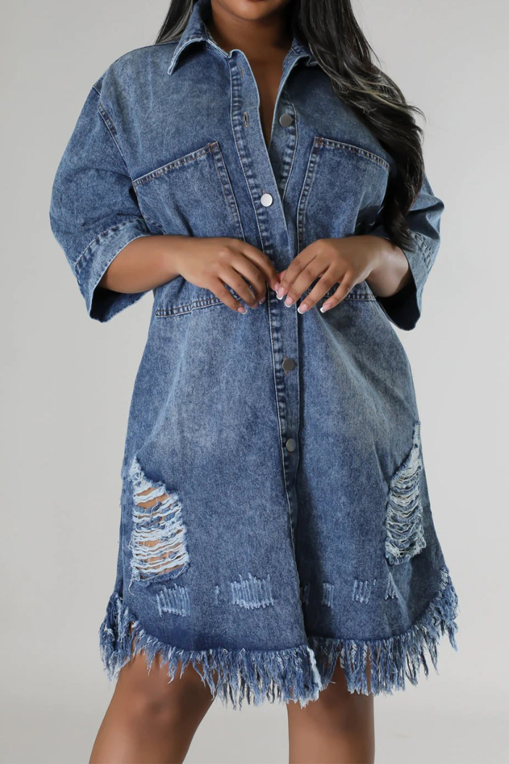 Distressed Raw Hem Button Up Denim Dress | S - 2XL | 2 COLORS