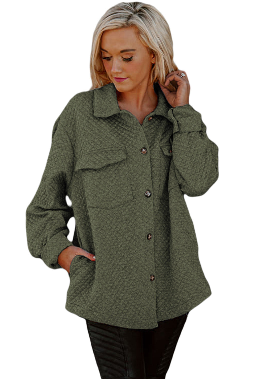 Chaqueta con botones y bolsillos con textura de celosía verde