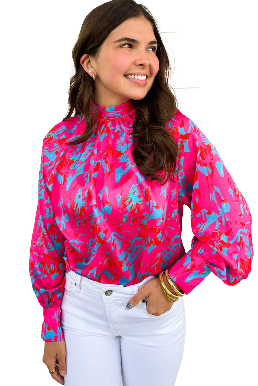 Purple Abstract Stand Neck Puff Sleeve Blouse