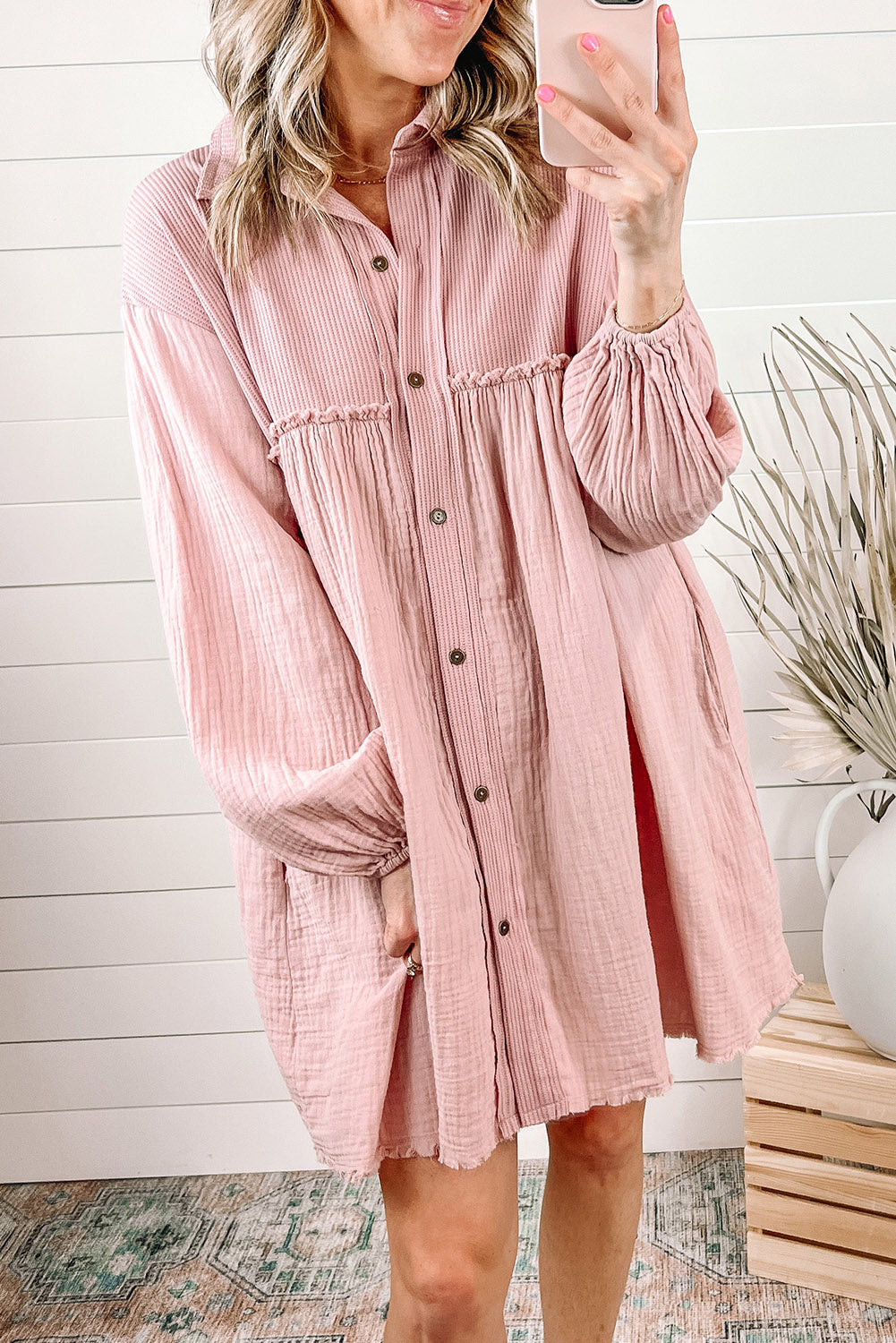 Pink Ribbed Crinkle Patchwork Puff Sleeve Raw Hem Shirt Dress