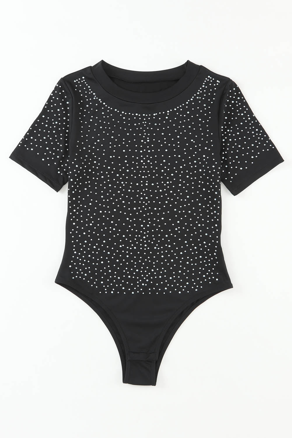 Body de manga corta con cuello redondo y diamantes de imitación negros