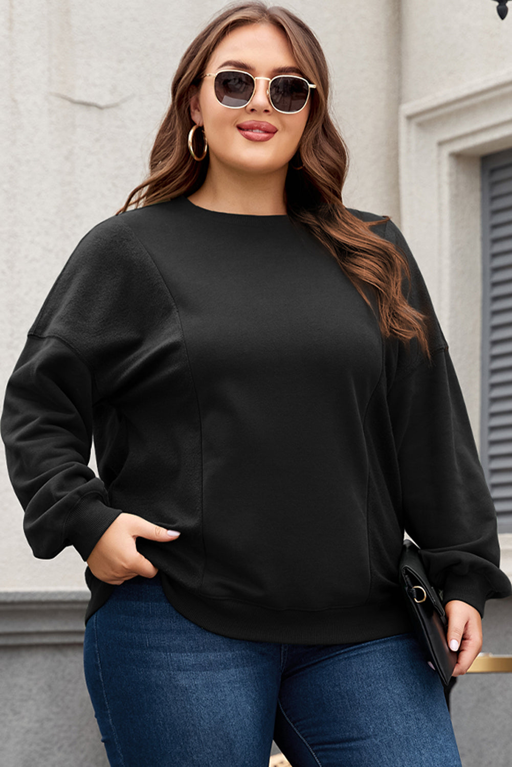 Apricot Loose Patchwork Crewneck Plus Size Sweatshirt