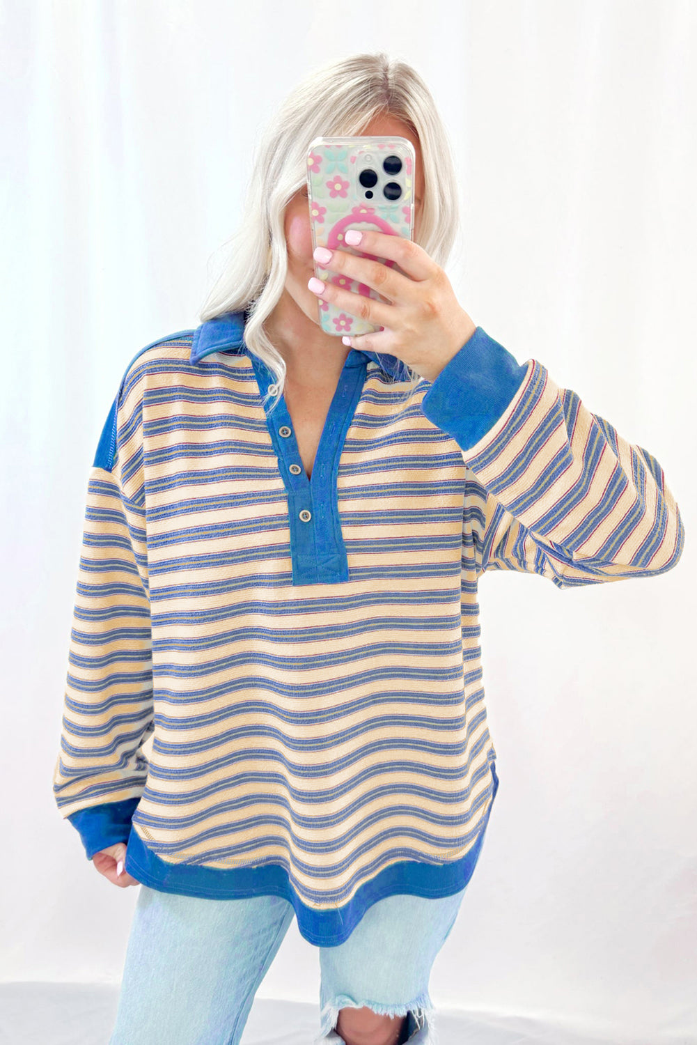 Pink Stripe Buttoned V Neck Collared Drop Shoulder Top