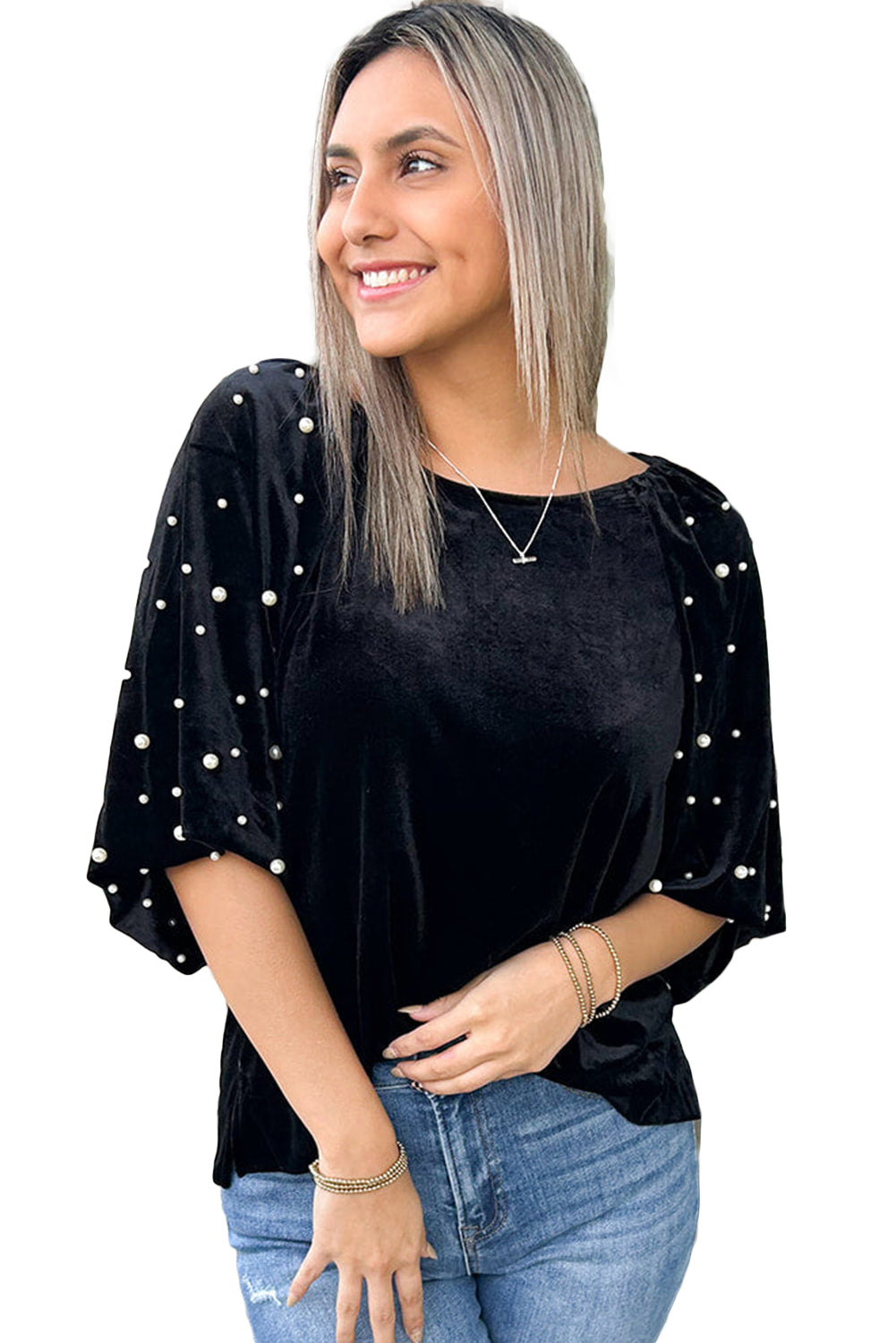 Black Pearl Beaded Half Sleeve Velvet Top