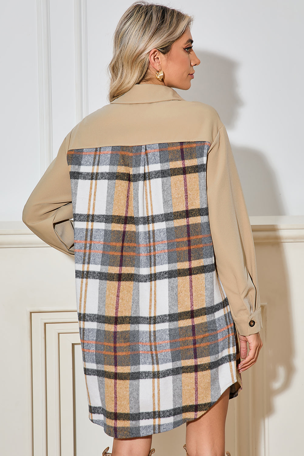 Khaki Plaid Patchwork Long Sleeve Jacket