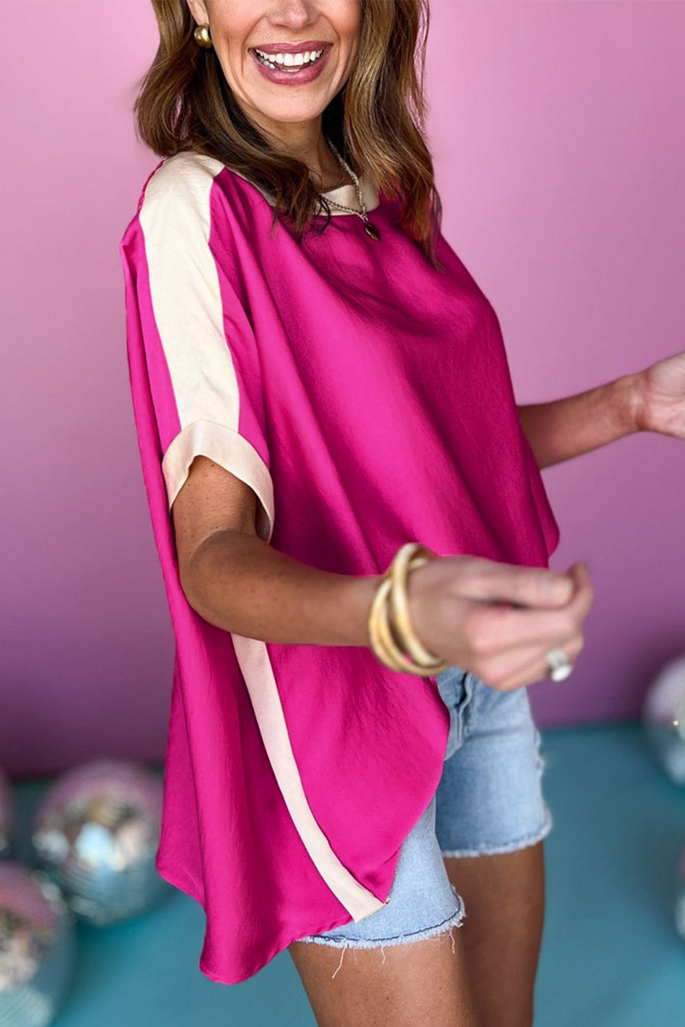 Green Colorblock Batwing Sleeve Boat Neck Blouse