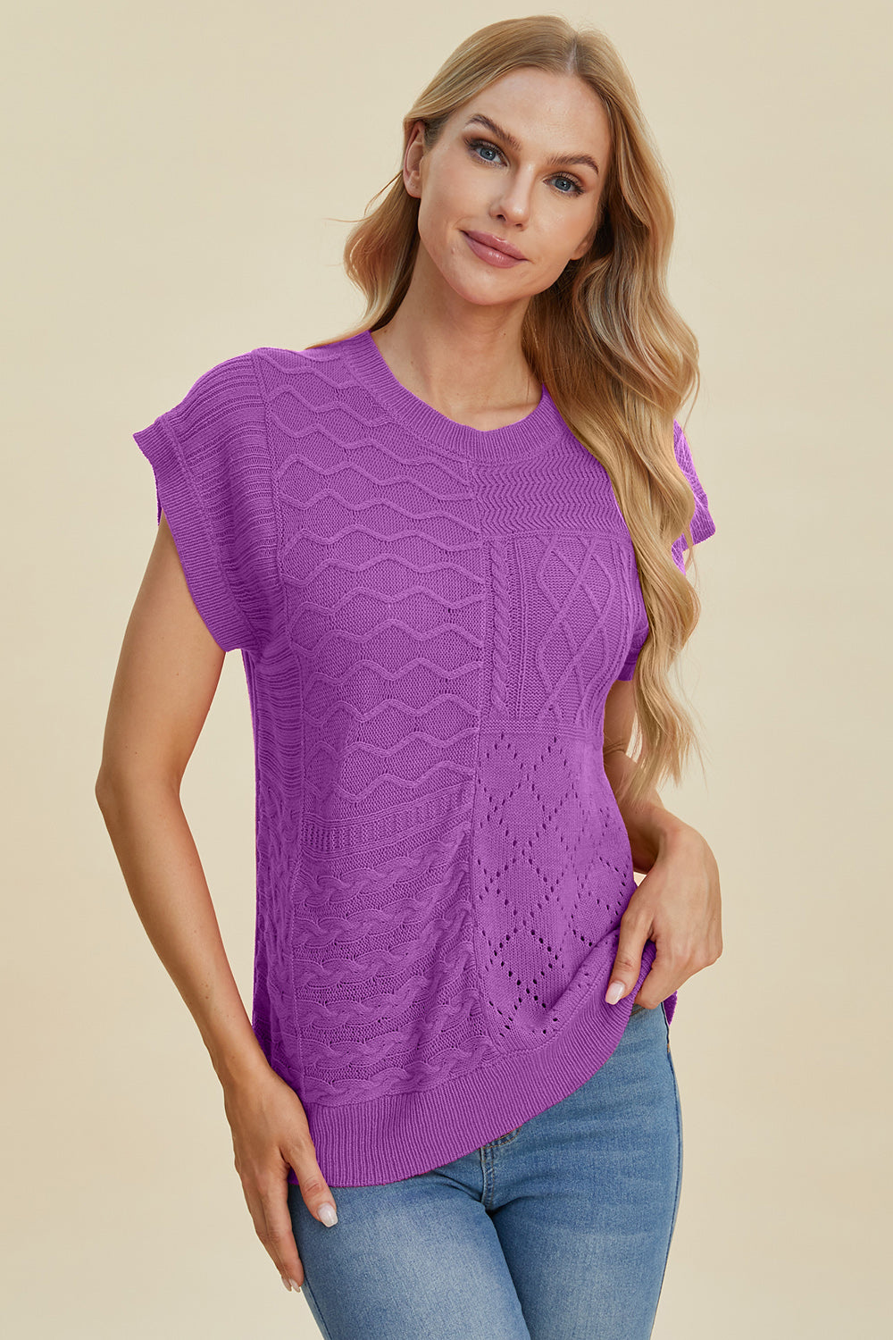Suéter de cuello redondo y manga corta de punto trenzado de Double Take | Tallas grandes | S - XL | 2XL - 3XL | 5 COLORES
