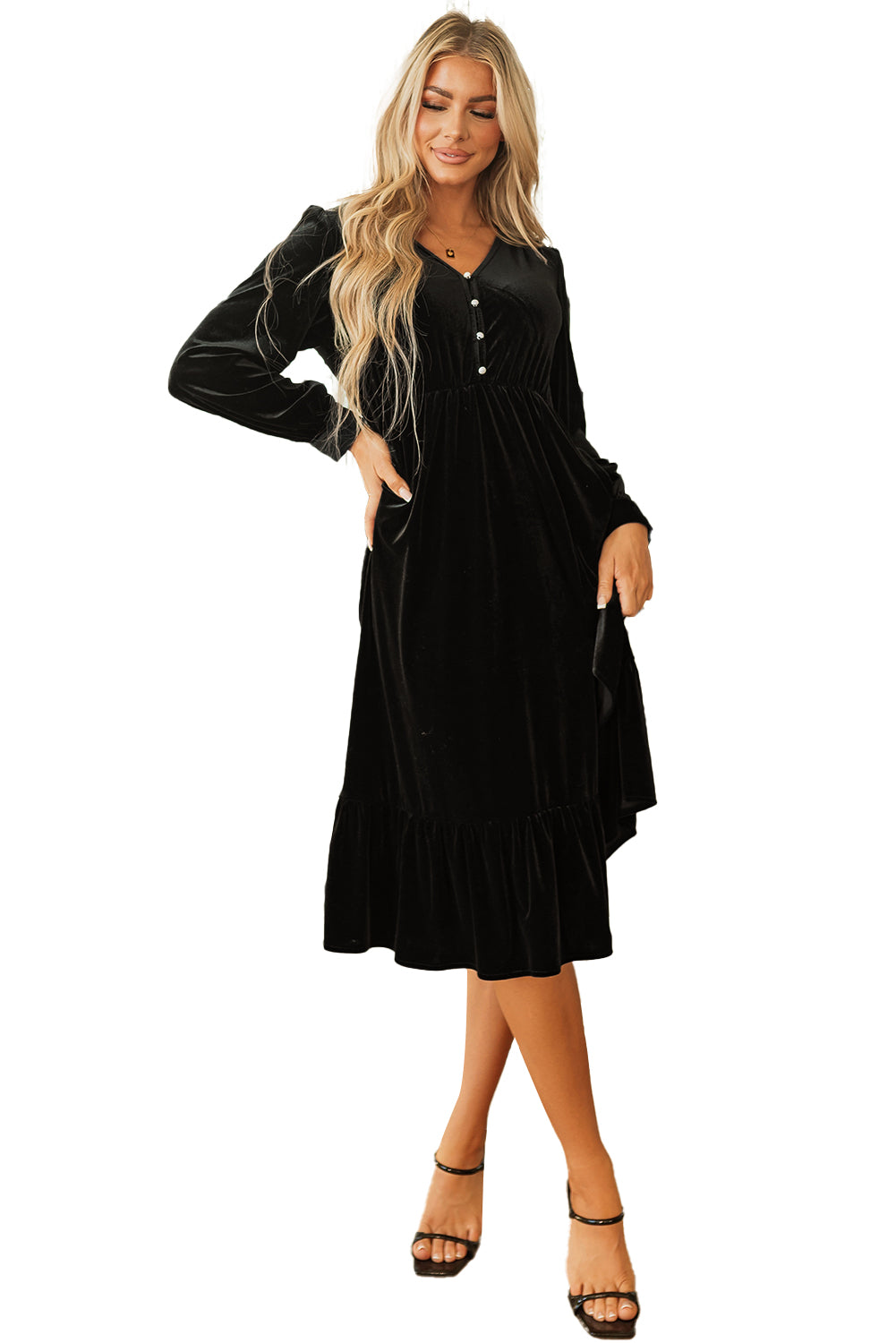 Black Velvet Buttoned Puff Sleeve V Neck Split Midi Dress