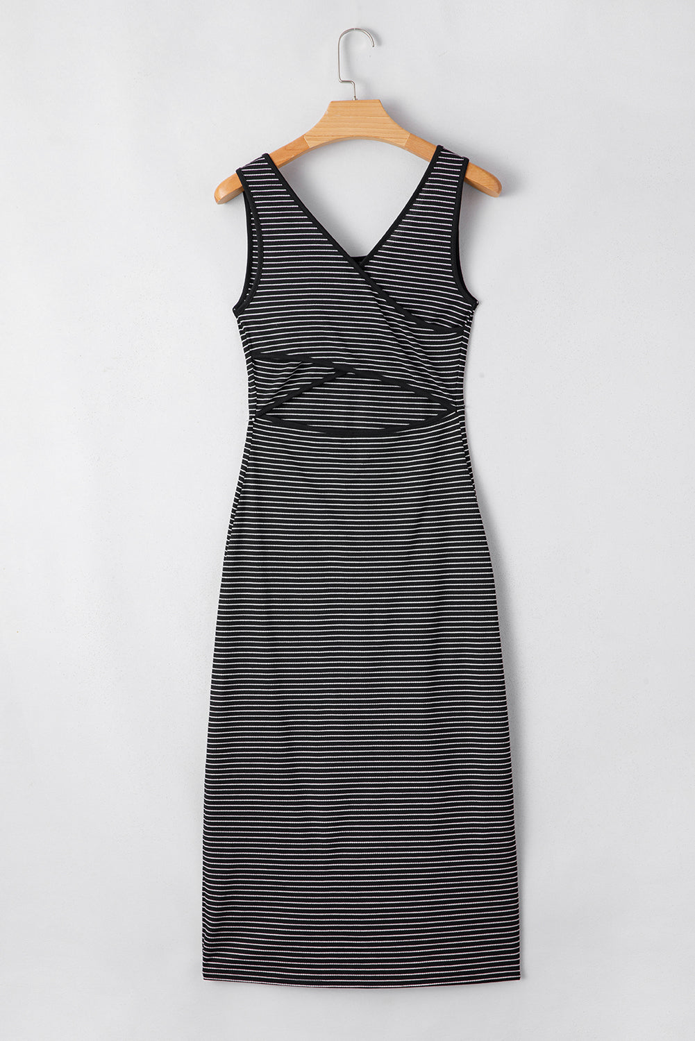 Black Striped Criss Cross Back Side Slits Slim Fit Sleeveless Dress