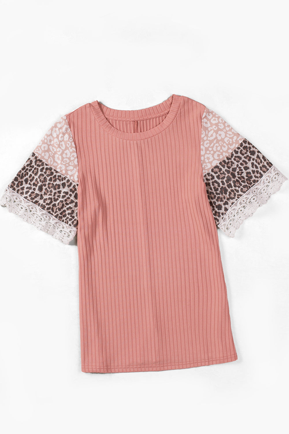 Black Casual Leopard Lace Splicing Sleeve Patchwork Rib-Knit Top