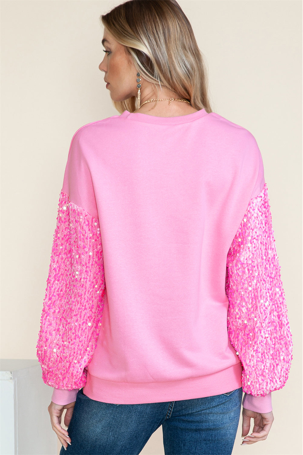 Orchid Petal Sequin Patchwork Long Sleeve Pullover Top
