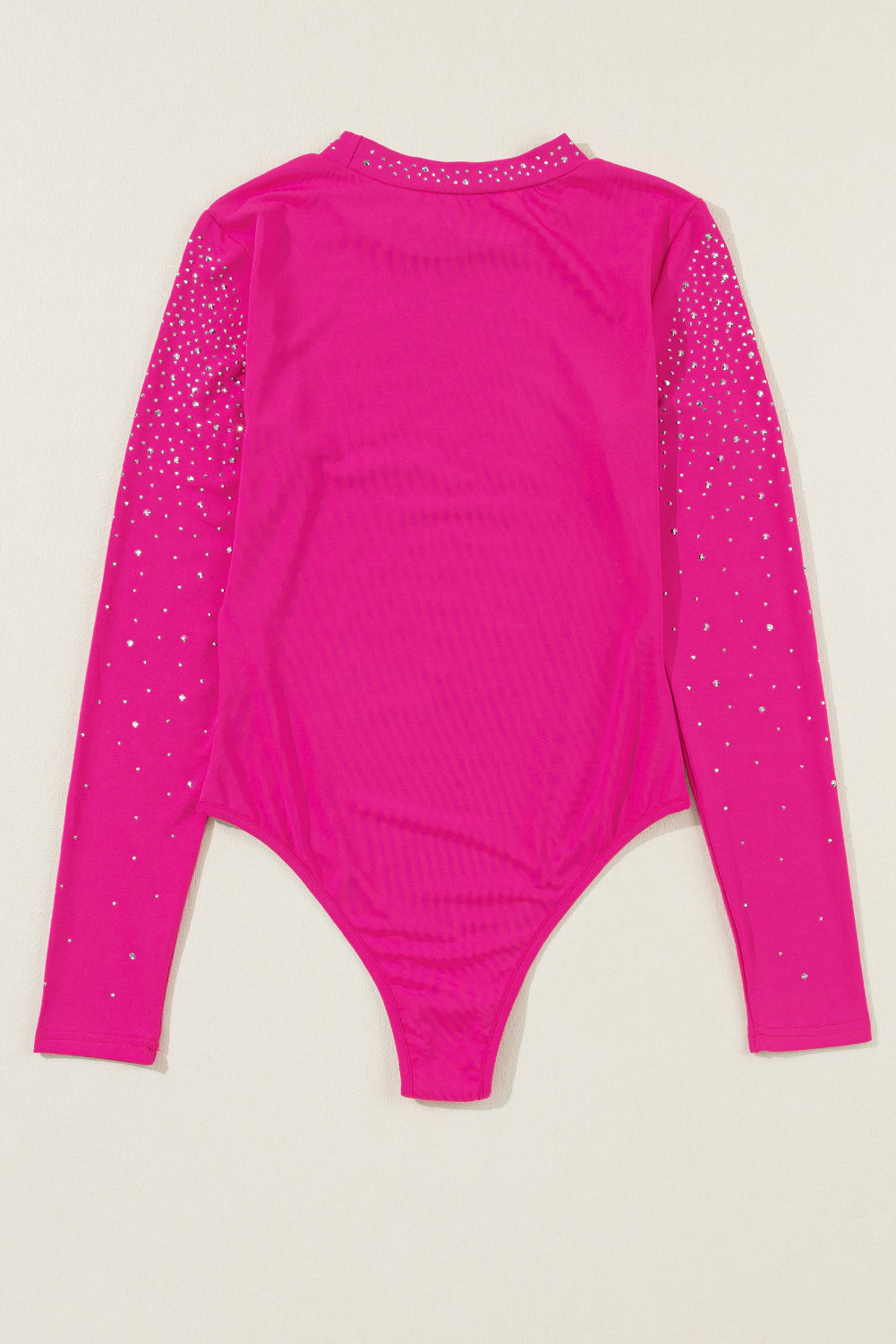 Rose Red Rhinestone Mesh Long Sleeve Bodysuit