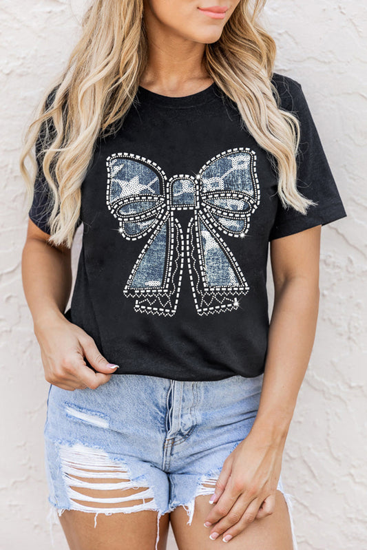 Black Rhinestone Bowknot Graphic Crewneck T Shirt