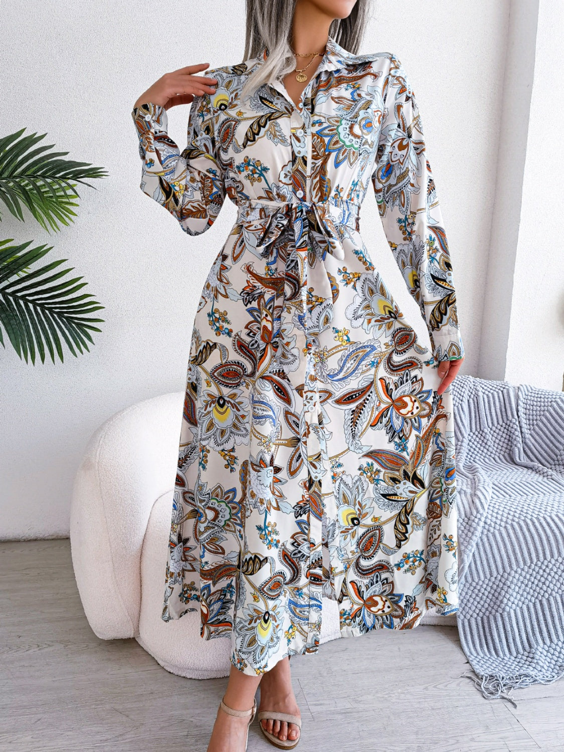 Vestido midi de manga larga con estampado anudado | S - XL | 3 COLORES