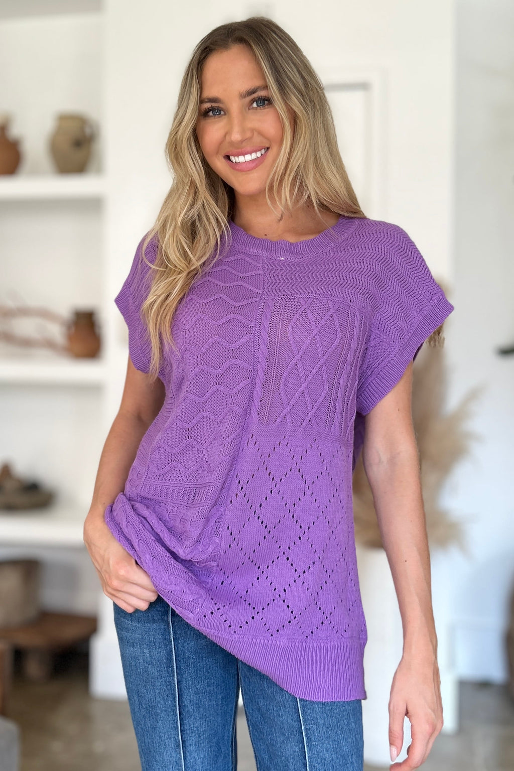 Suéter de cuello redondo y manga corta de punto trenzado de Double Take | Tallas grandes | S - XL | 2XL - 3XL | 5 COLORES