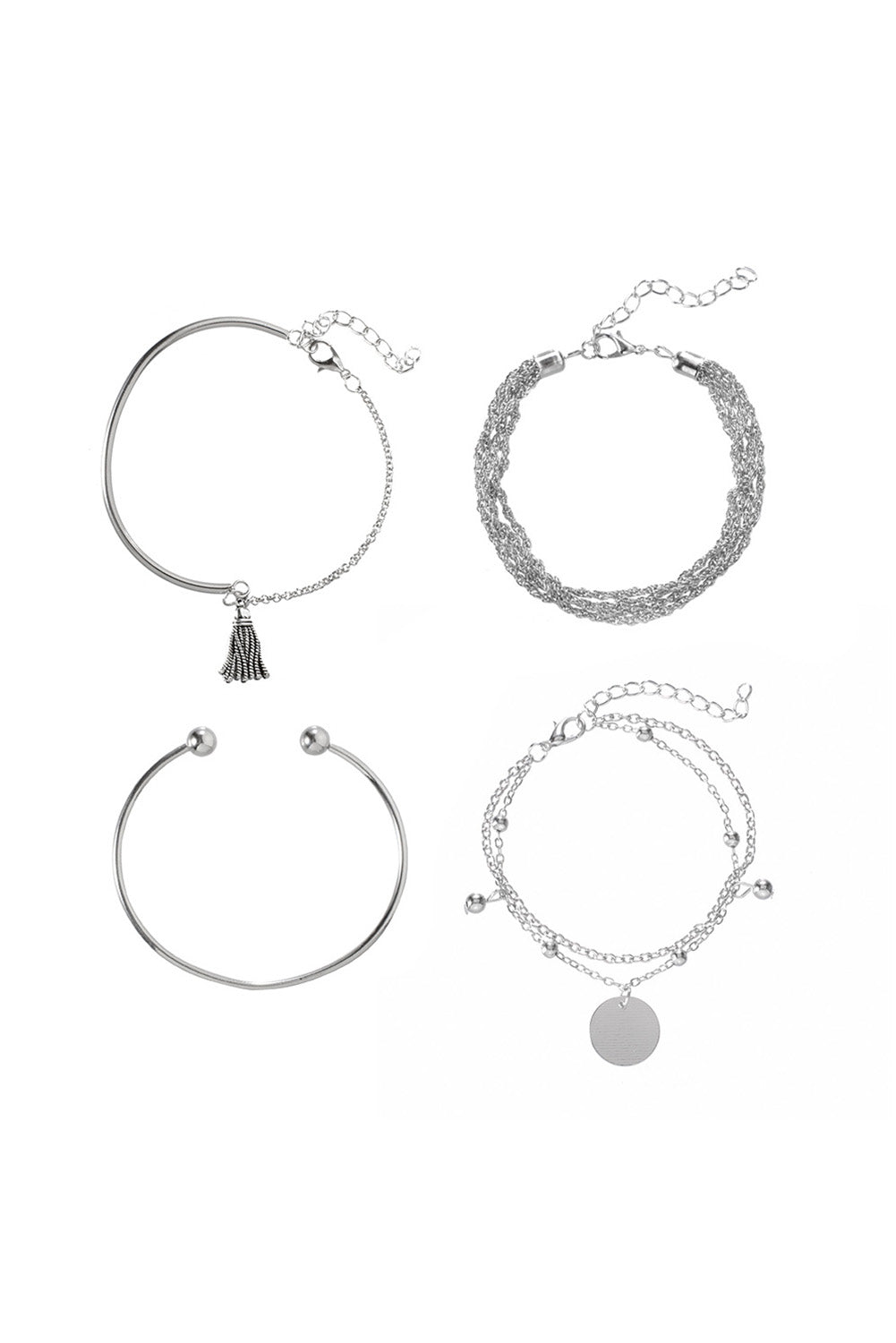 Conjunto de pulsera de plata con colgante de borlas y cadena multicapa