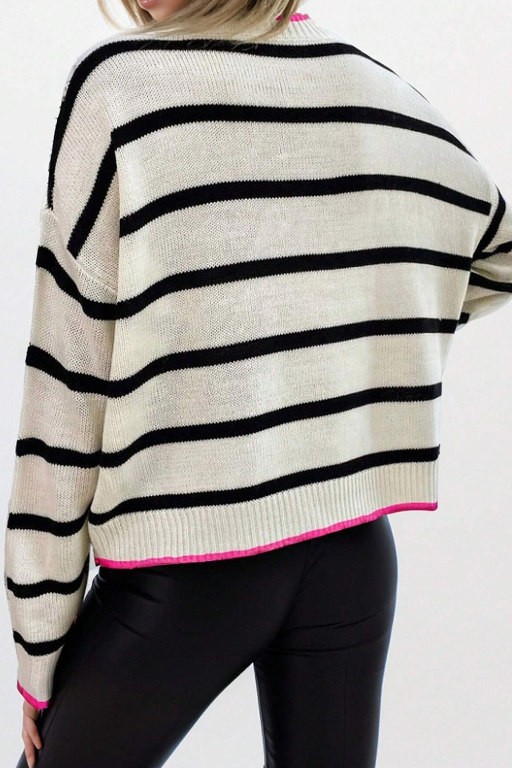 White Stripe Color Contrast Drop Shoulder Crew Neck Sweater