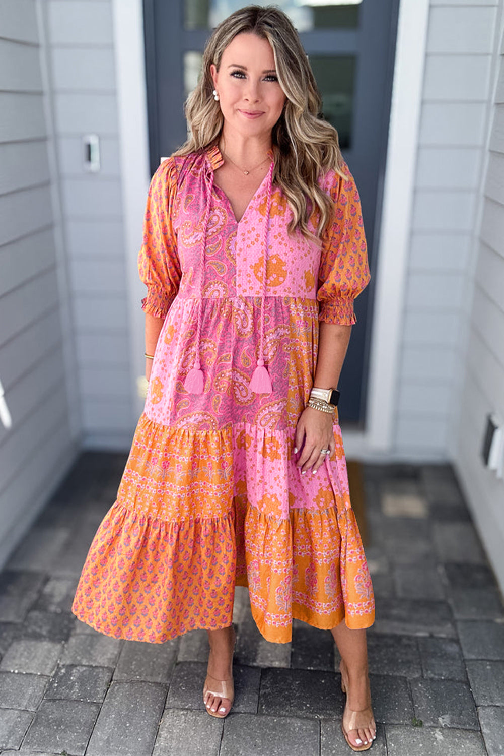 Pink Boho Paisley Floral Patchwork Tassel Tie Plus Size Midi Dress