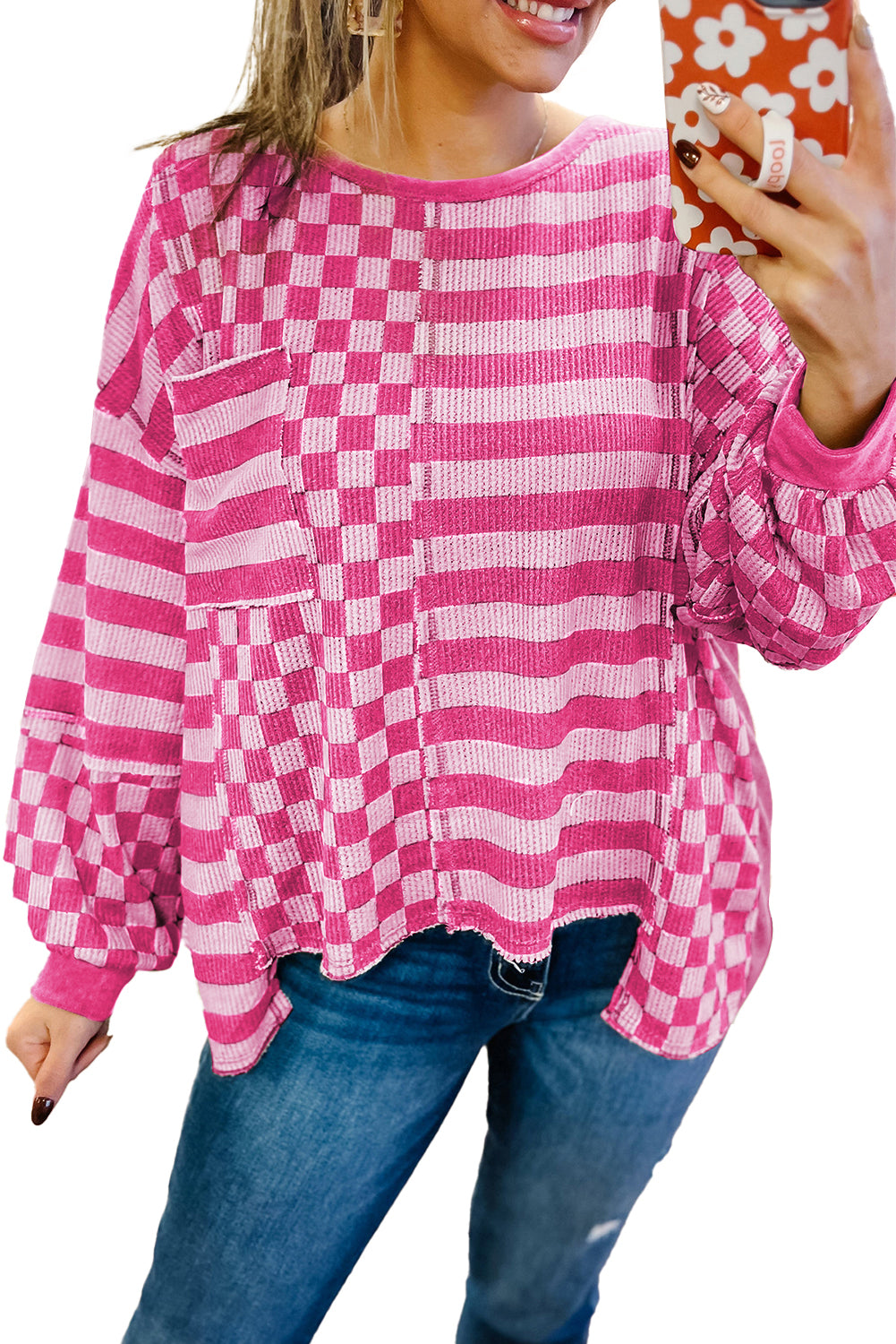 Rose Red Checkered Striped Patchwork Lantern Sleeve Top