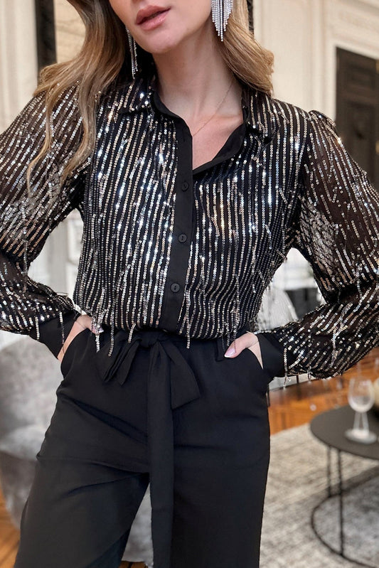 Black Sequin Tassel Button-Up Shirt