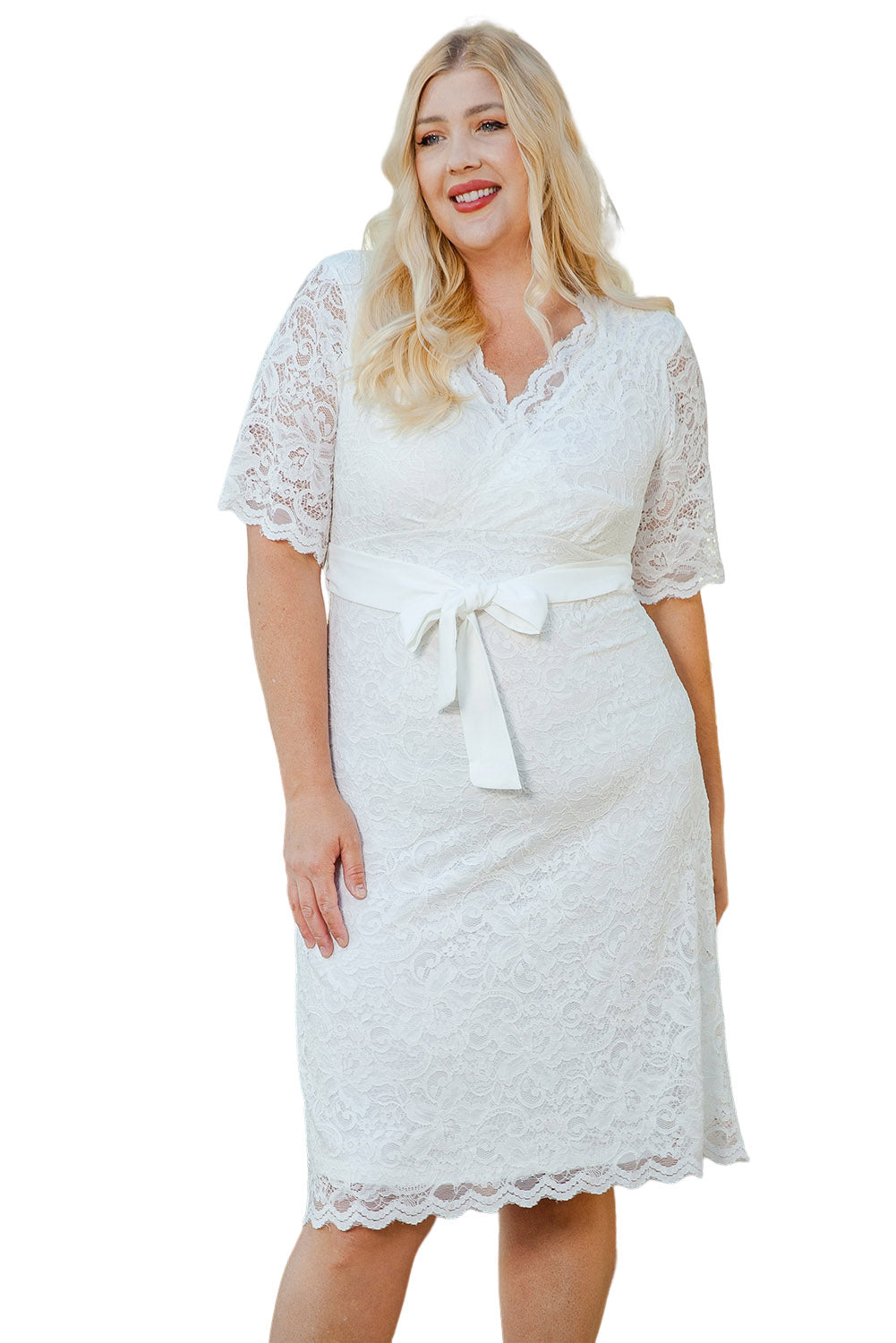 White Scalloped Lace Wrap V Neck Plus Size Dress