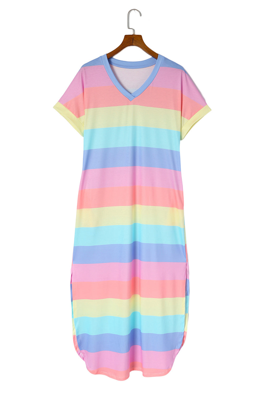 Vestido estilo camiseta con aberturas laterales, escote en V y bolsillos a rayas multicolor