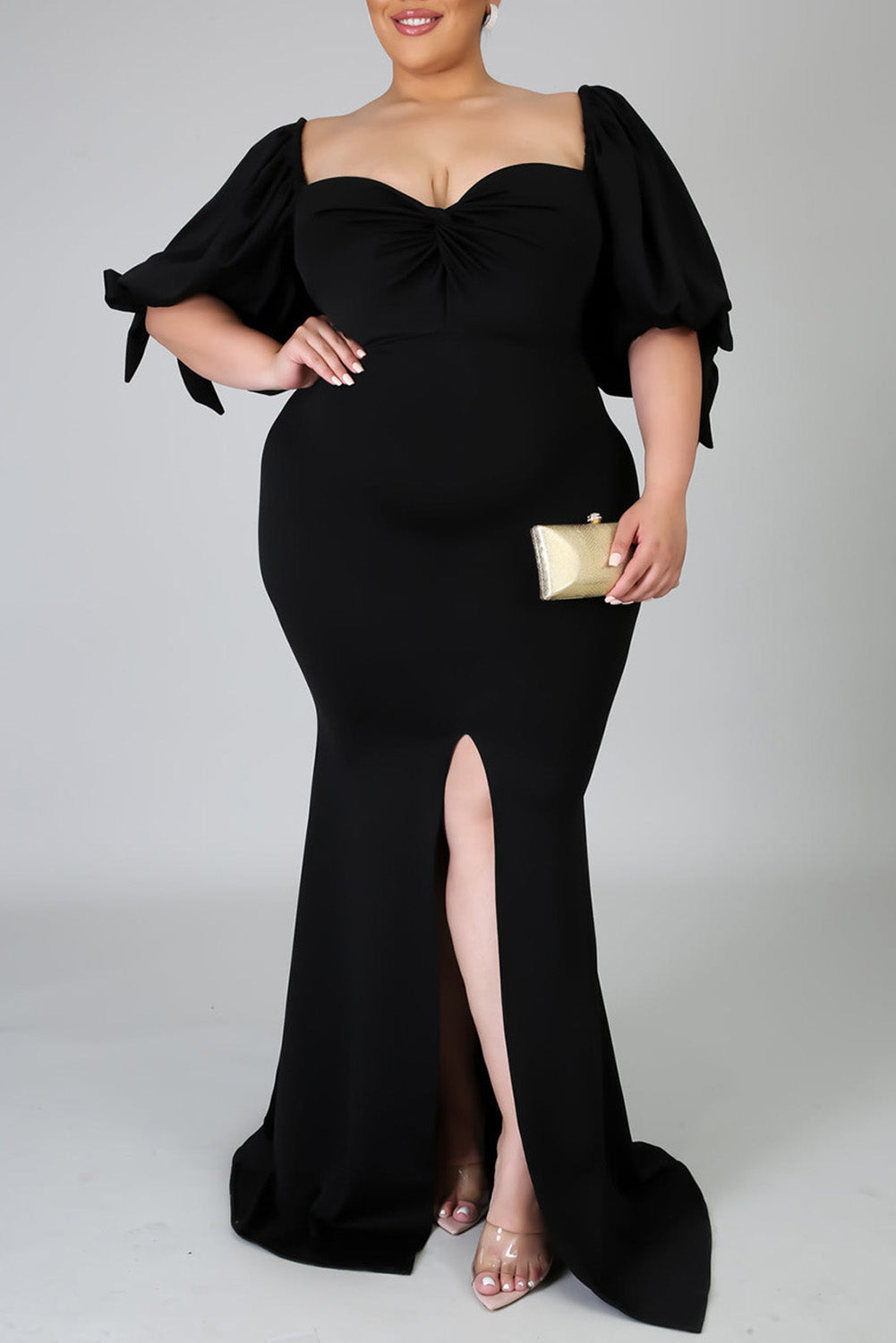 Rose Bow Tie Puff Sleeve Plus Size High Slit Maxi Dress