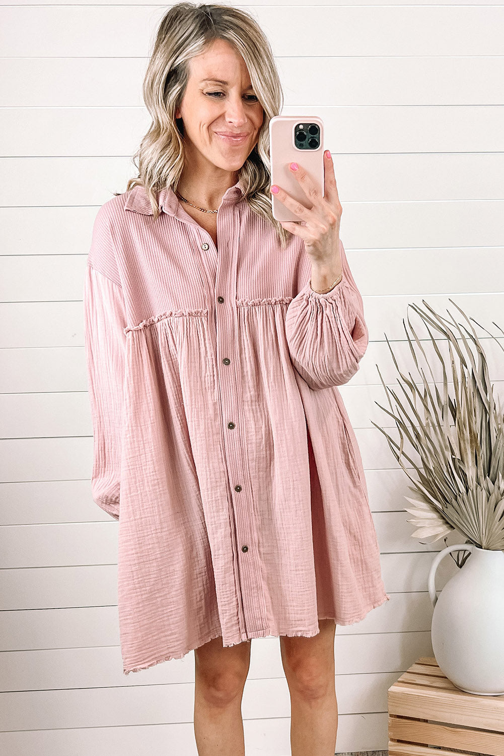 Pink Ribbed Crinkle Patchwork Puff Sleeve Raw Hem Shirt Dress