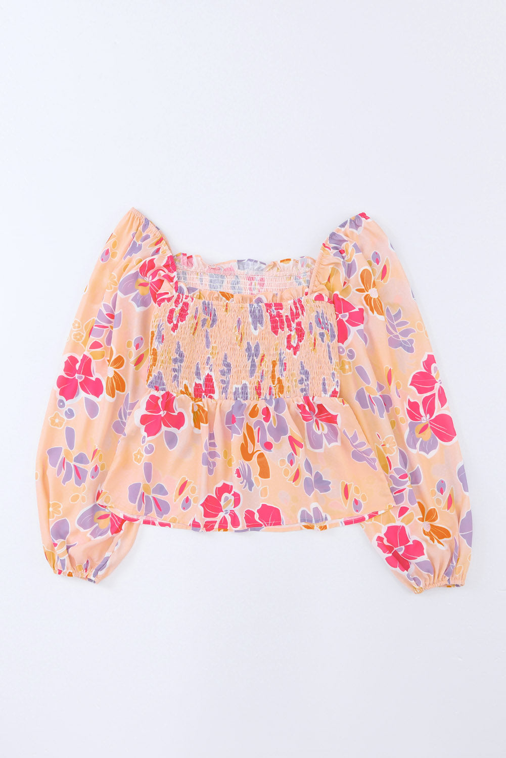 Blusa peplum con escote cuadrado fruncido y estampado floral en color rosa