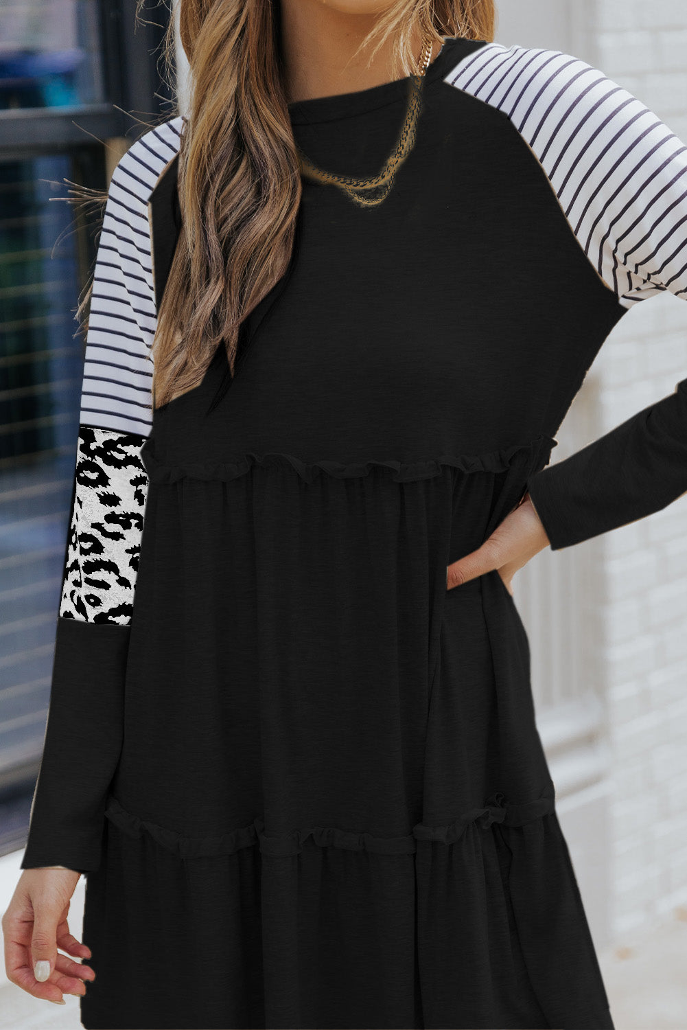 Black Striped Leopard Patchwork Pleated Long Sleeve Dress