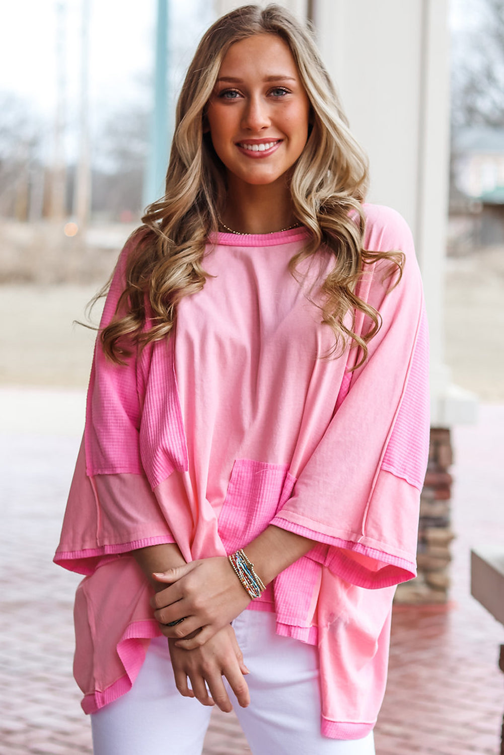 Bonbon Patchwork Quarter Sleeve High Low Plus Size T Shirt