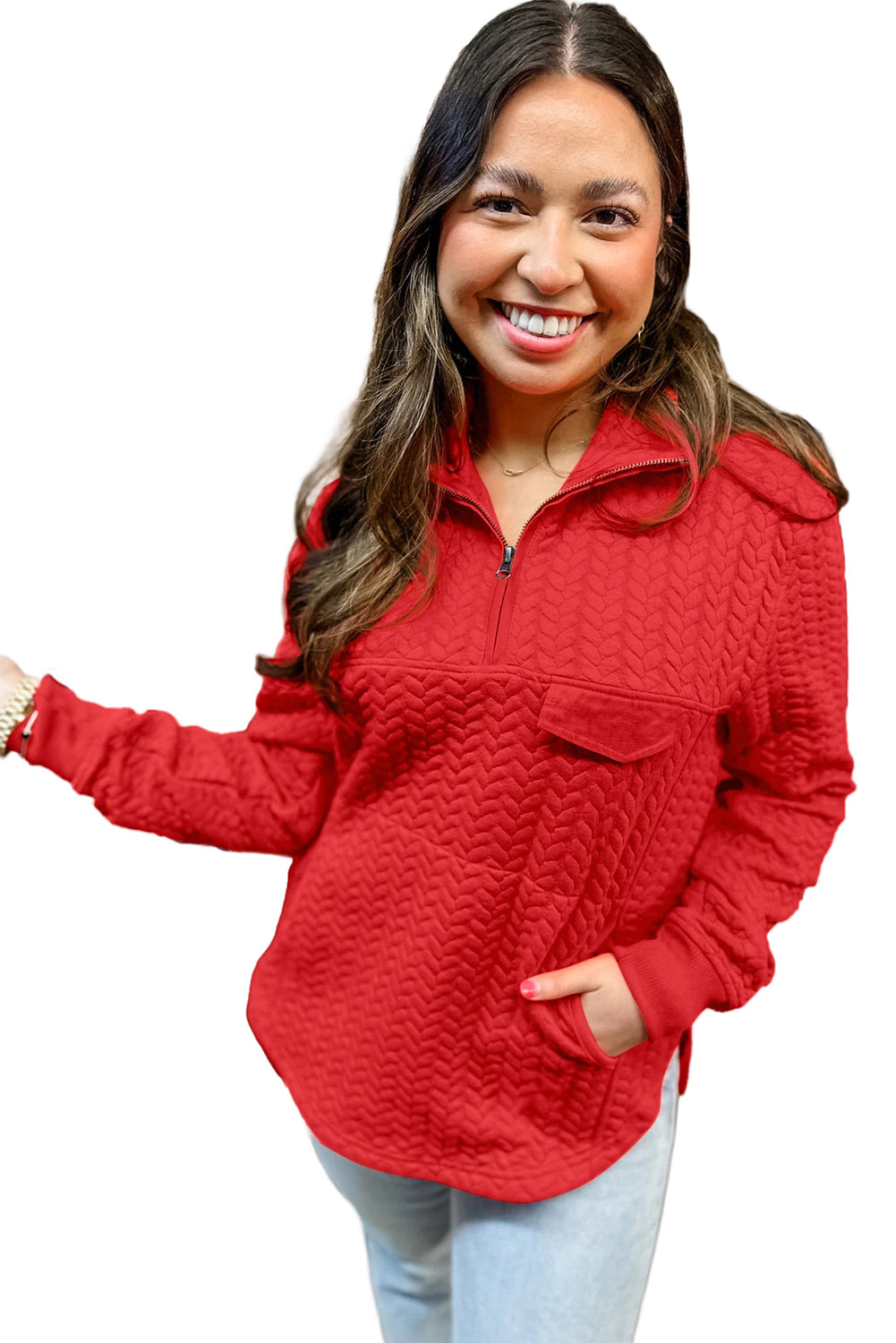 Tomato Red Textured Quarter Zip Plus Size Pullover