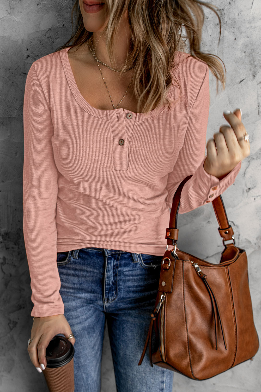 Burgundy Waffle Knit Casual Scoop Neck Long Sleeve Henley Shirt