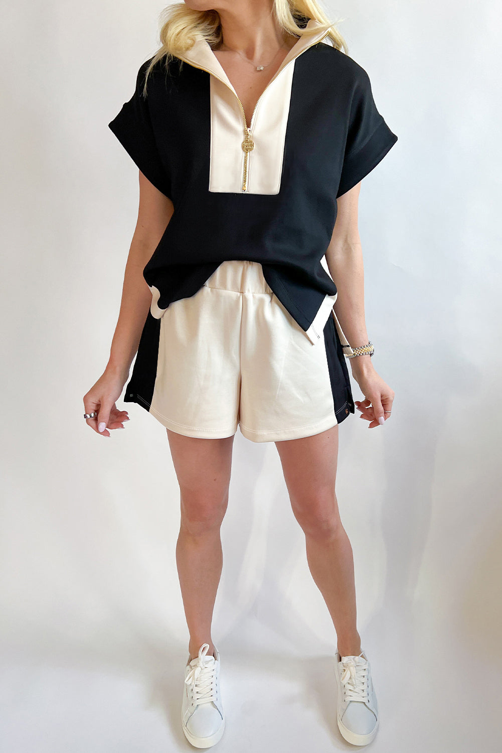Black Colorblock Zipper Collar T Shirt and Shorts Set