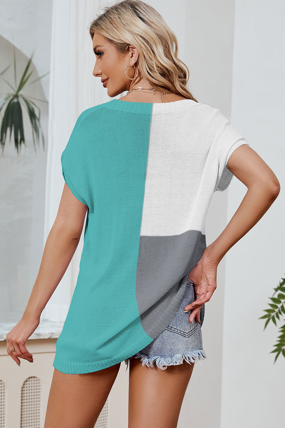 Color Block V-Neck Short Sleeve Knit Top