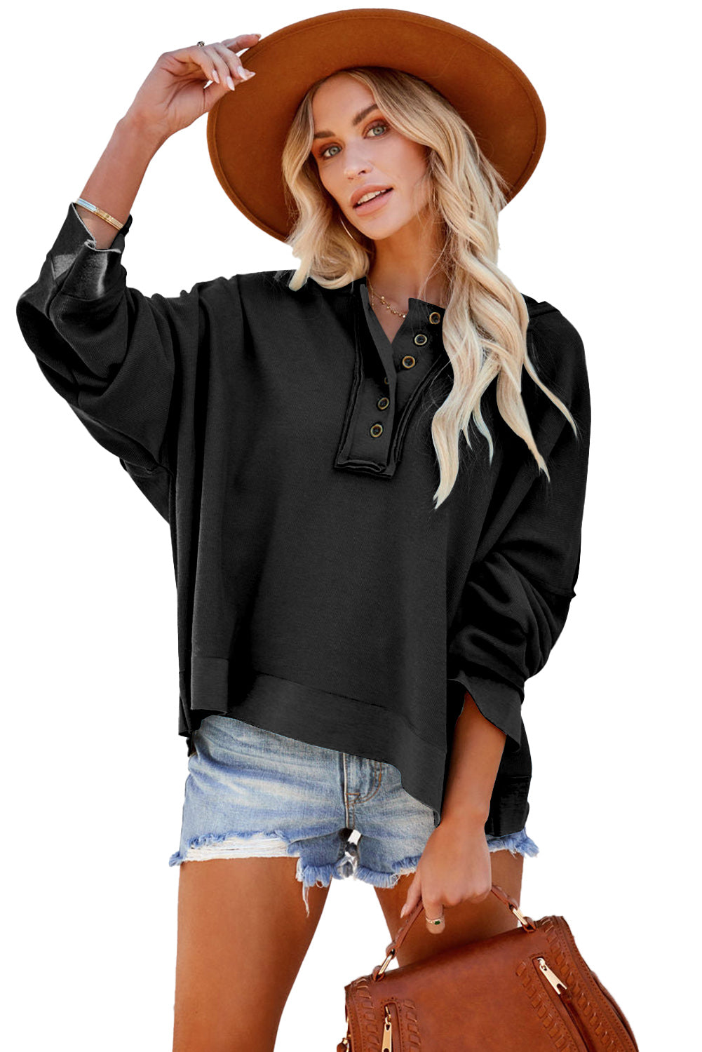 Black Solid Color Button Front Basic Pullover Hoodie