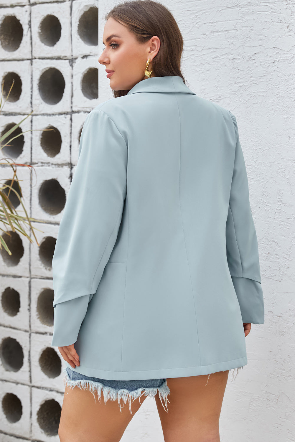 Blazer de solapa con bolsillos, suave y ligero, de talla grande, de color azul cielo 